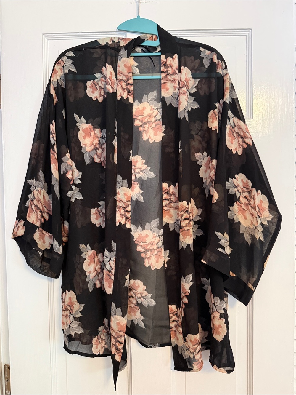 H&M Divided Black Sheer Floral Kimono with Pink and Cream Blooms